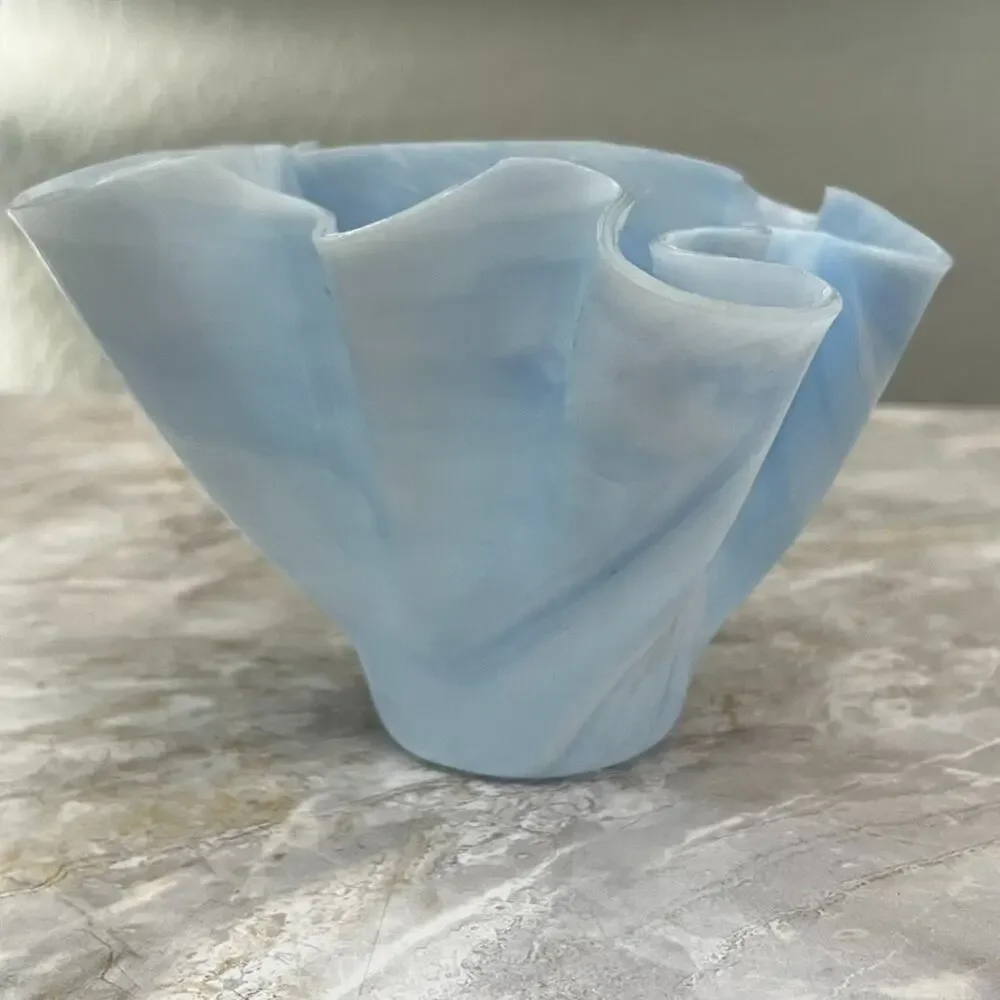 Art Glass Vase Opalescent Blue White Ruffled Handkerchief Murano Style